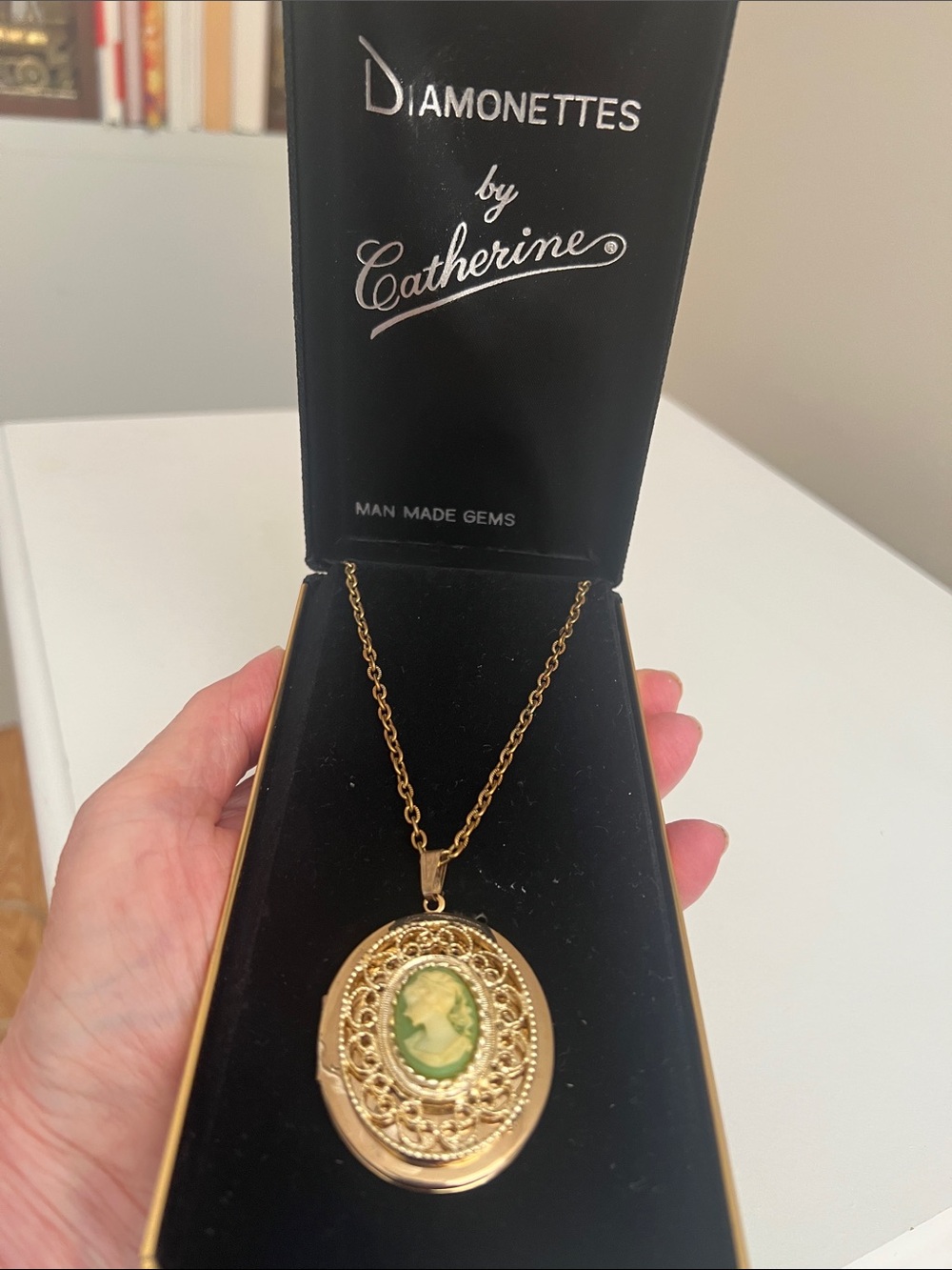 Diamonettes by Catherine Gold-Tone Filigree GreenCameo Necklace - Heirloom